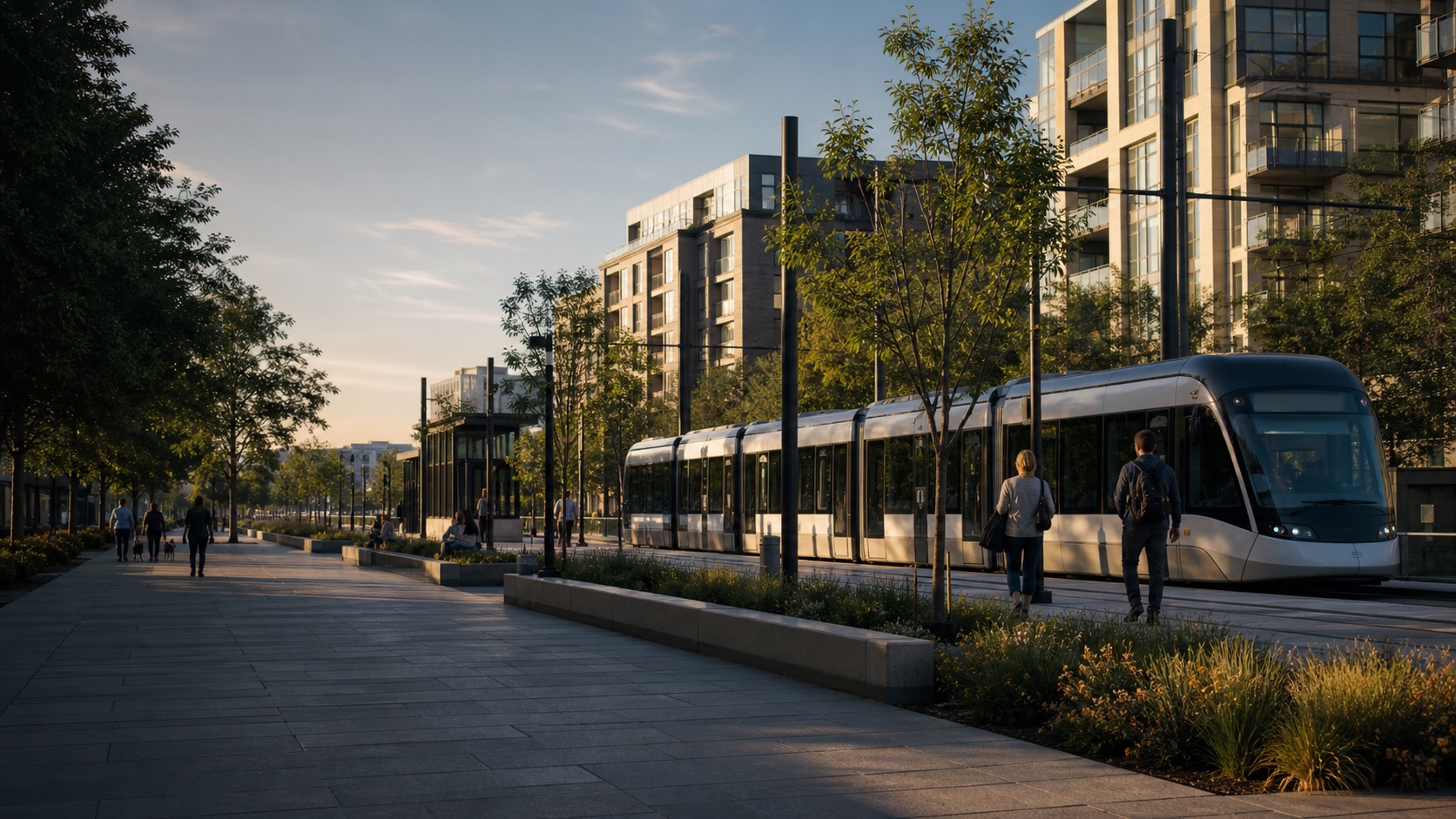 Modern light rail moving through a walkable Canadian civic district